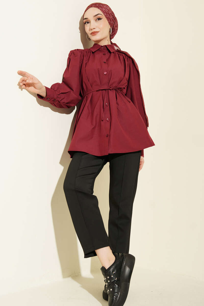 Belted Poplin Shirt with Gathered Shoulders - Burgundy
