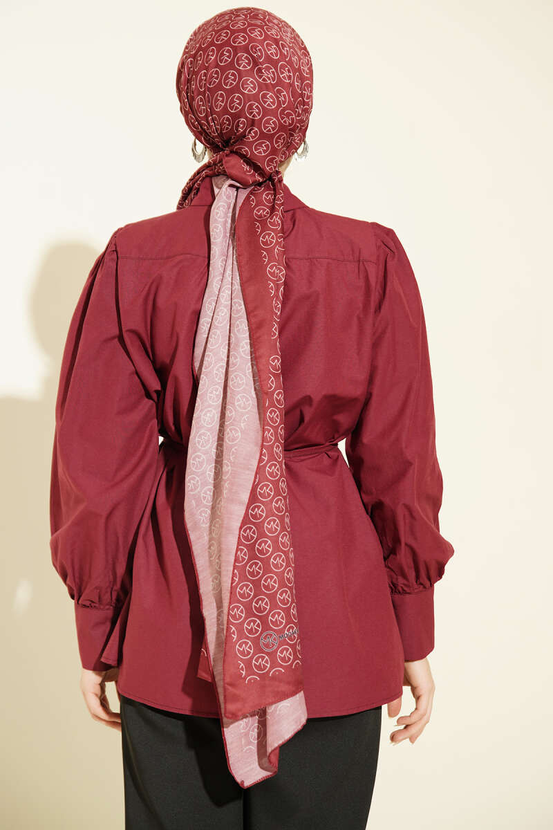 Belted Poplin Shirt with Gathered Shoulders - Burgundy