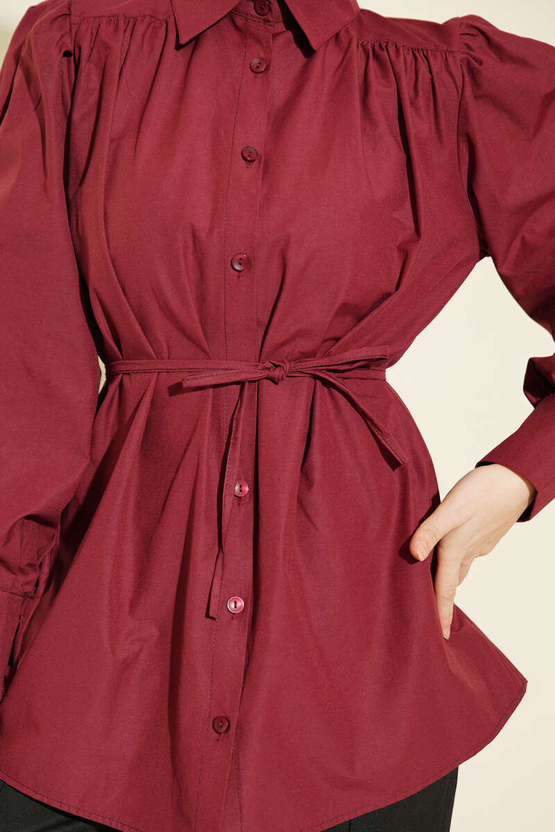 Belted Poplin Shirt with Gathered Shoulders - Burgundy