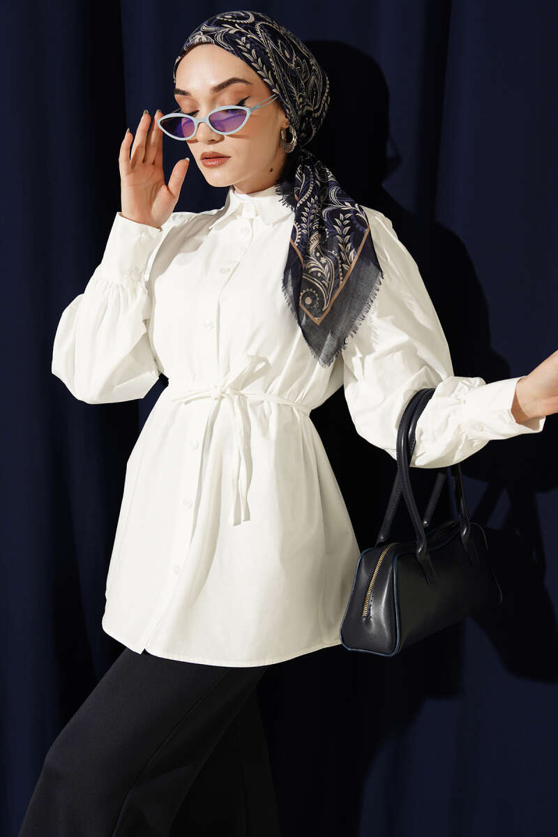 Belted Poplin Shirt with Gathered Shoulders - Ecru