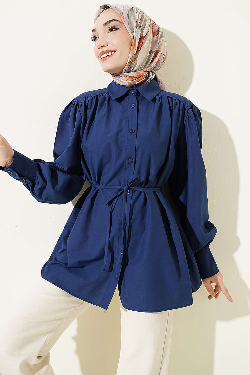 Belted Poplin Shirt with Gathered Shoulders - Navy