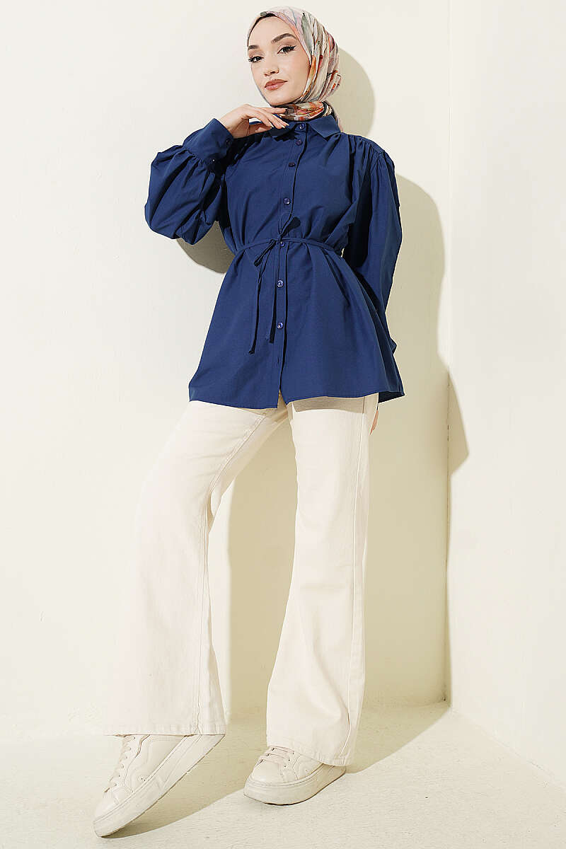 Belted Poplin Shirt with Gathered Shoulders - Navy