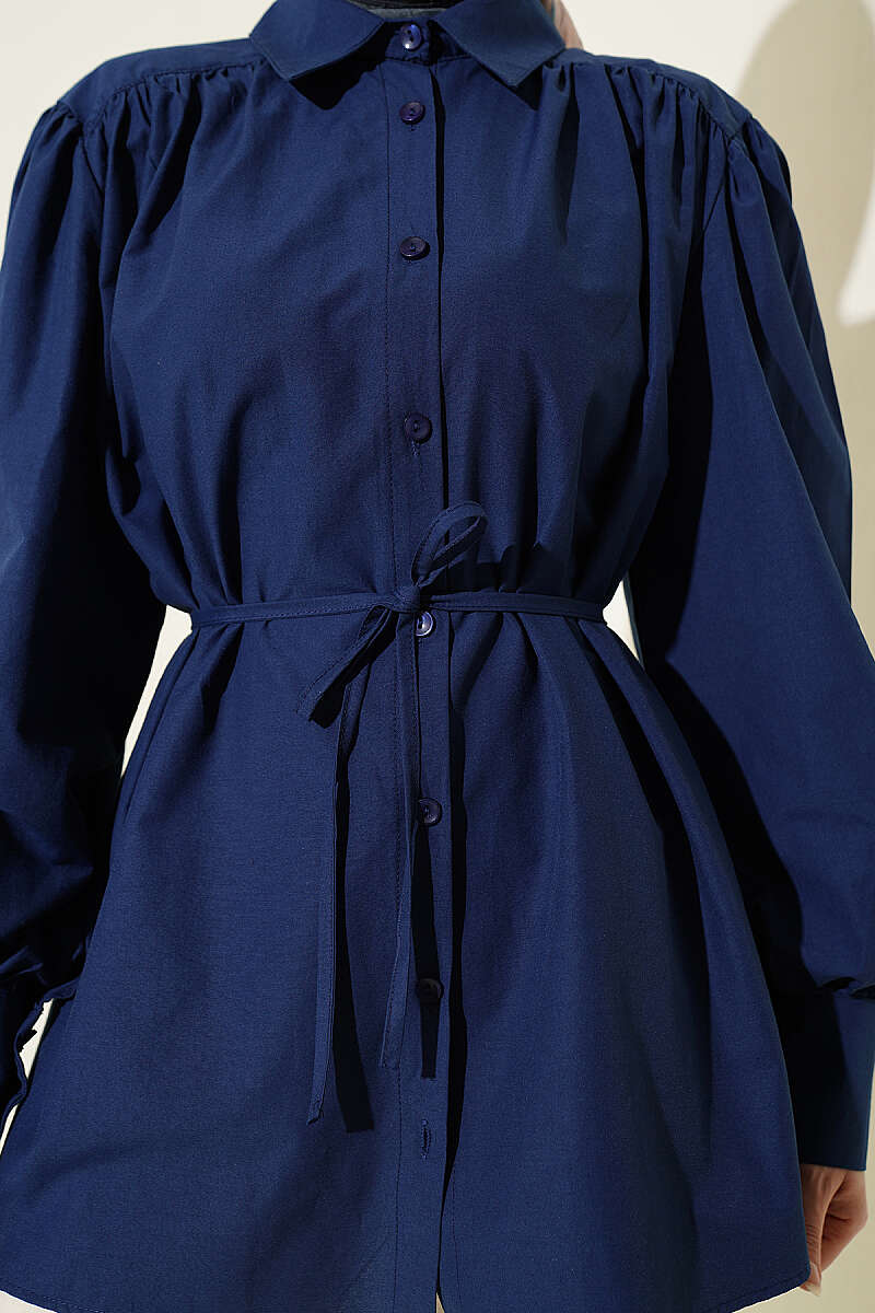 Belted Poplin Shirt with Gathered Shoulders - Navy