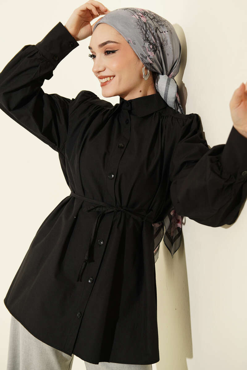 Belted Poplin Shirt with Gathered Shoulders - Black