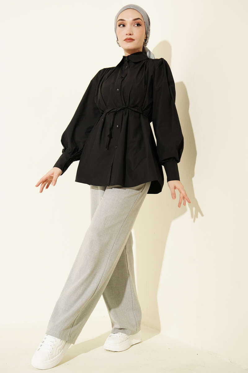 Belted Poplin Shirt with Gathered Shoulders - Black