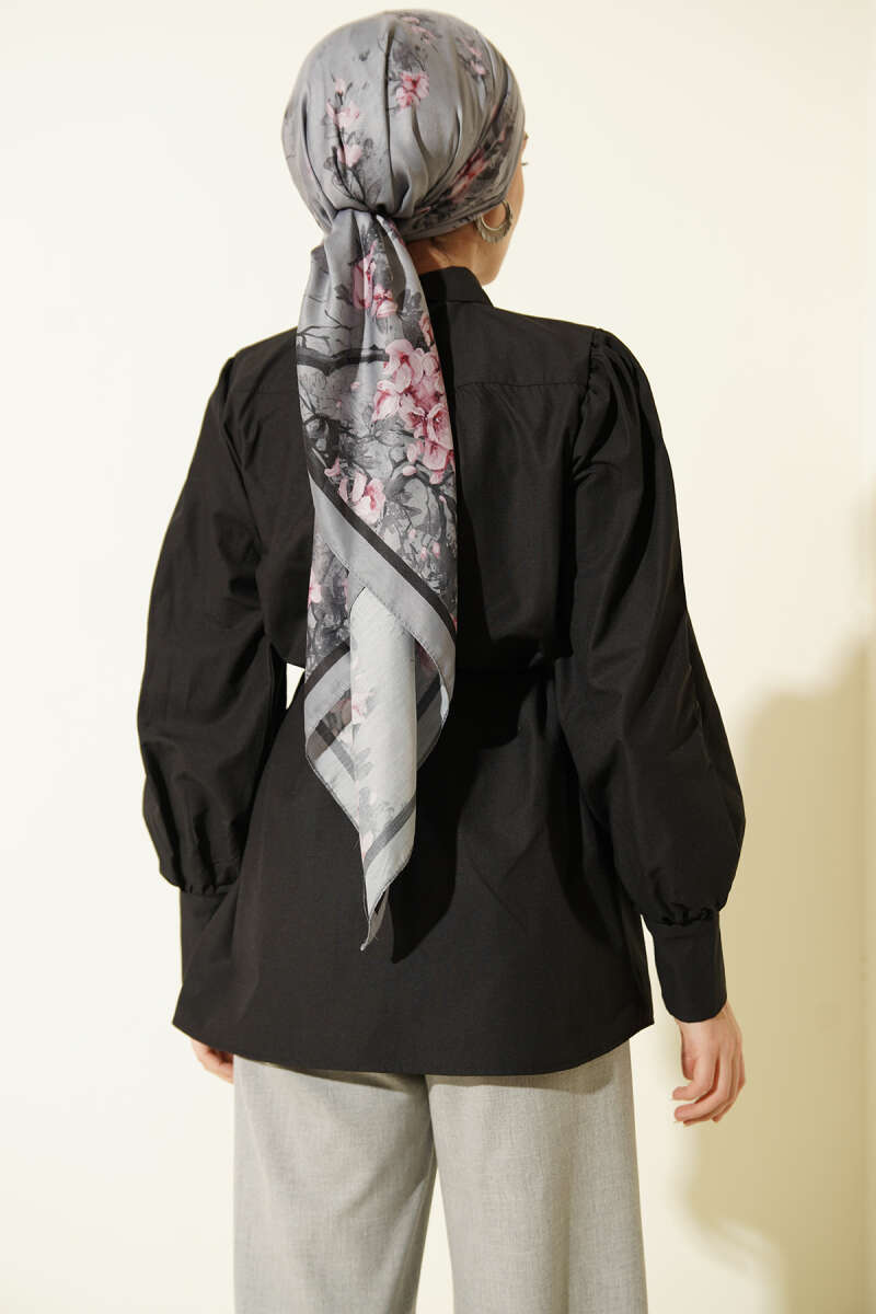 Belted Poplin Shirt with Gathered Shoulders - Black
