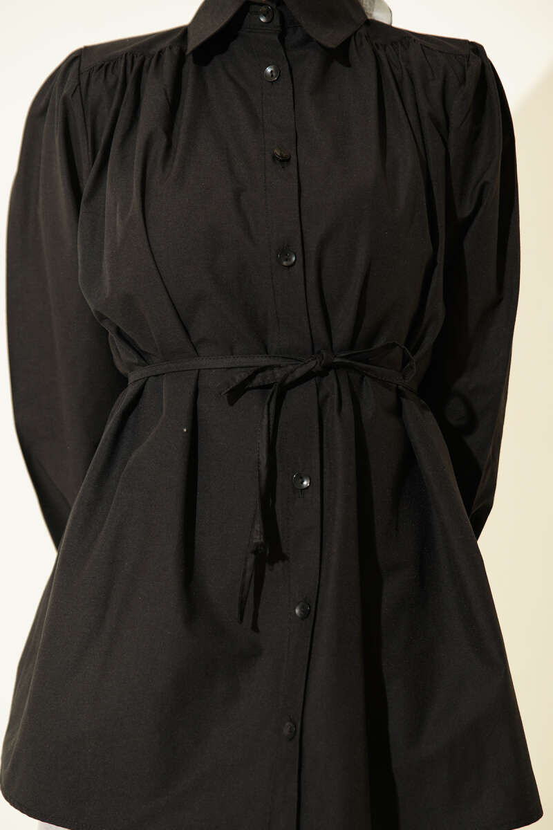 Belted Poplin Shirt with Gathered Shoulders - Black