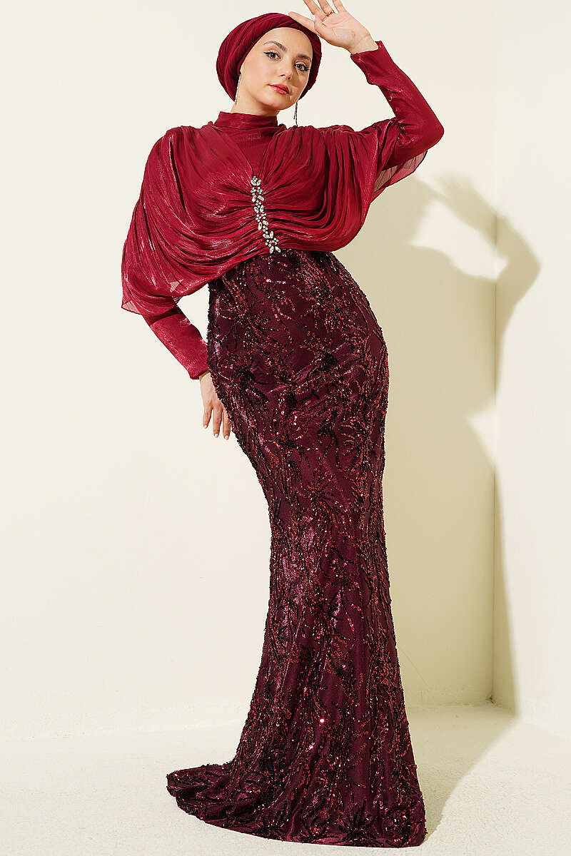 Sequin Evening Dress with Gathered Shoulders and Stones - Burgundy