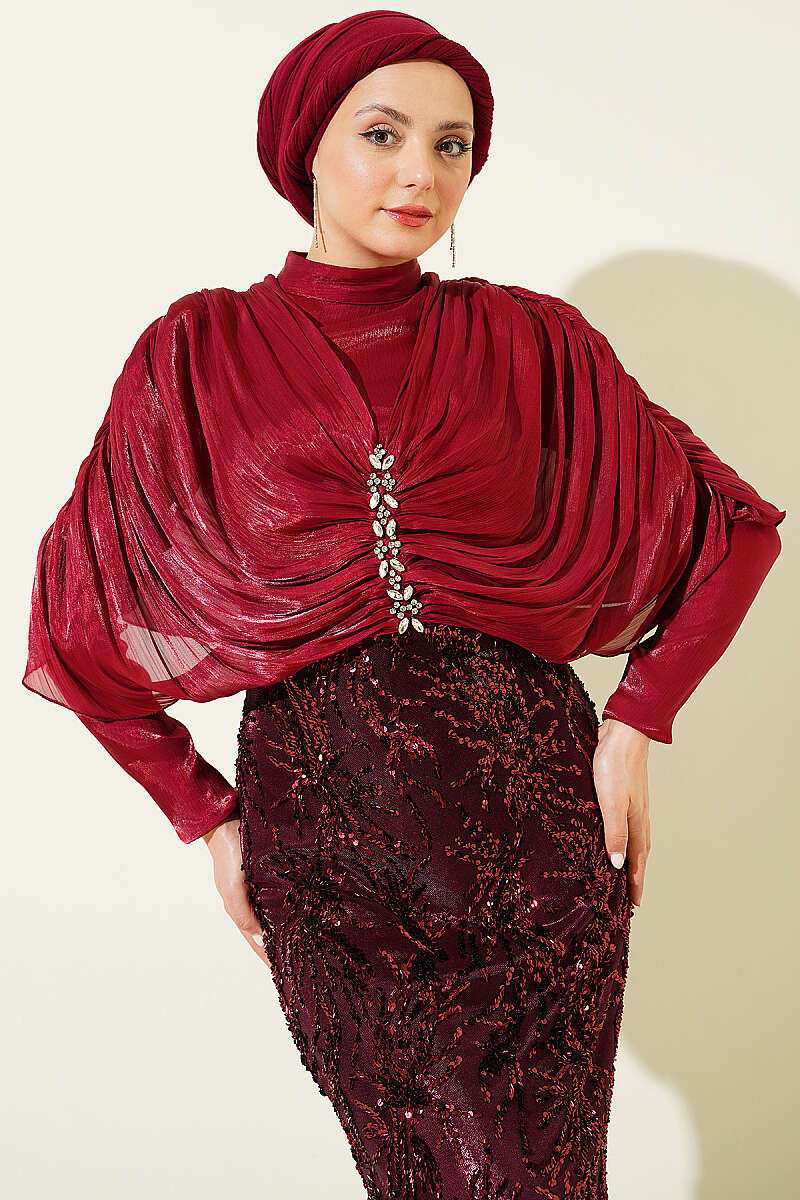 Sequin Evening Dress with Gathered Shoulders and Stones - Burgundy