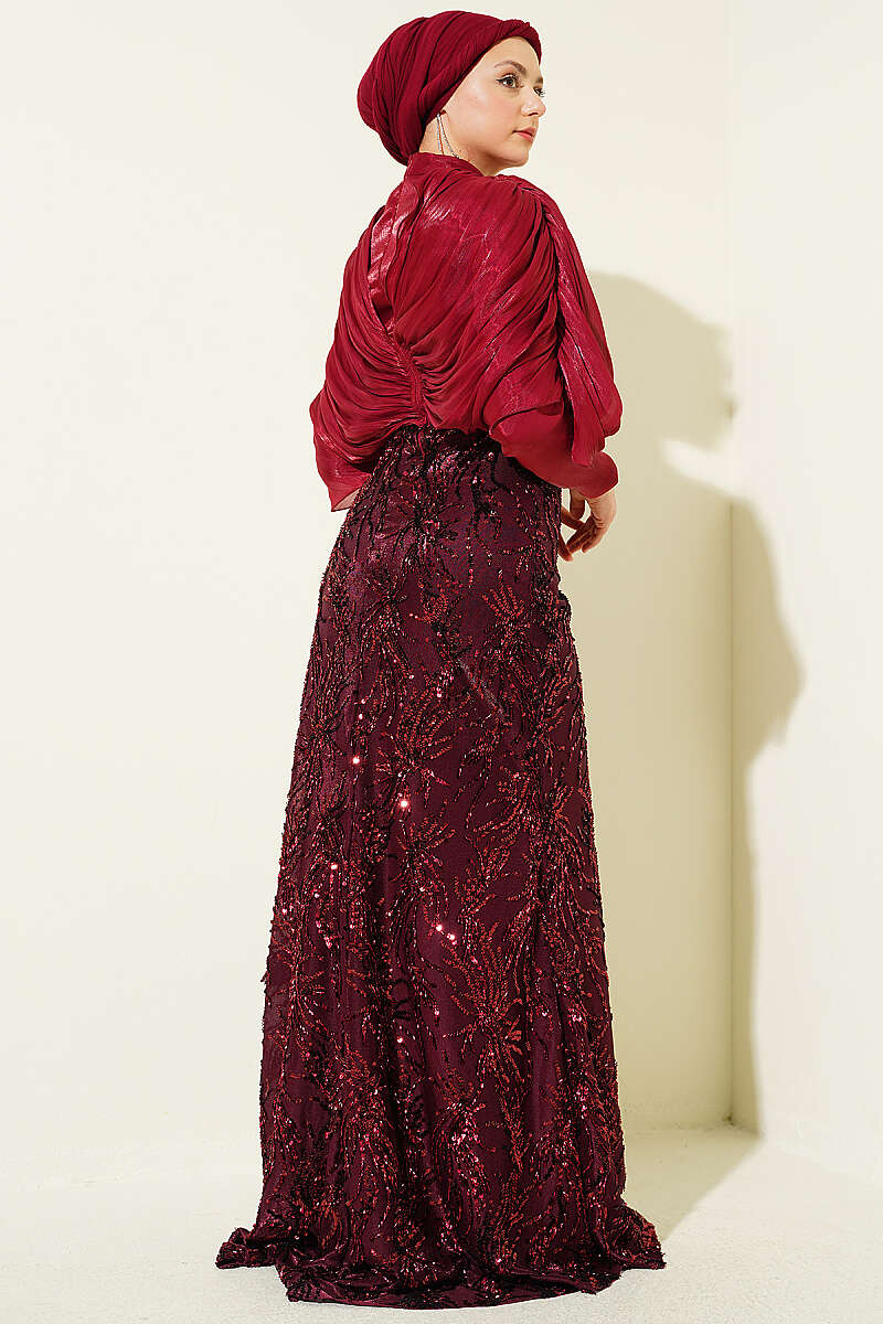 Sequin Evening Dress with Gathered Shoulders and Stones - Burgundy