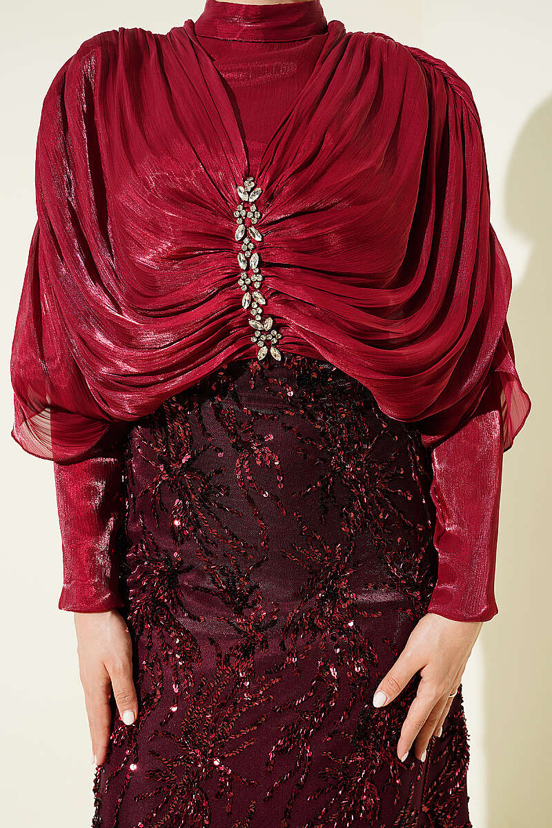 Sequin Evening Dress with Gathered Shoulders and Stones - Burgundy