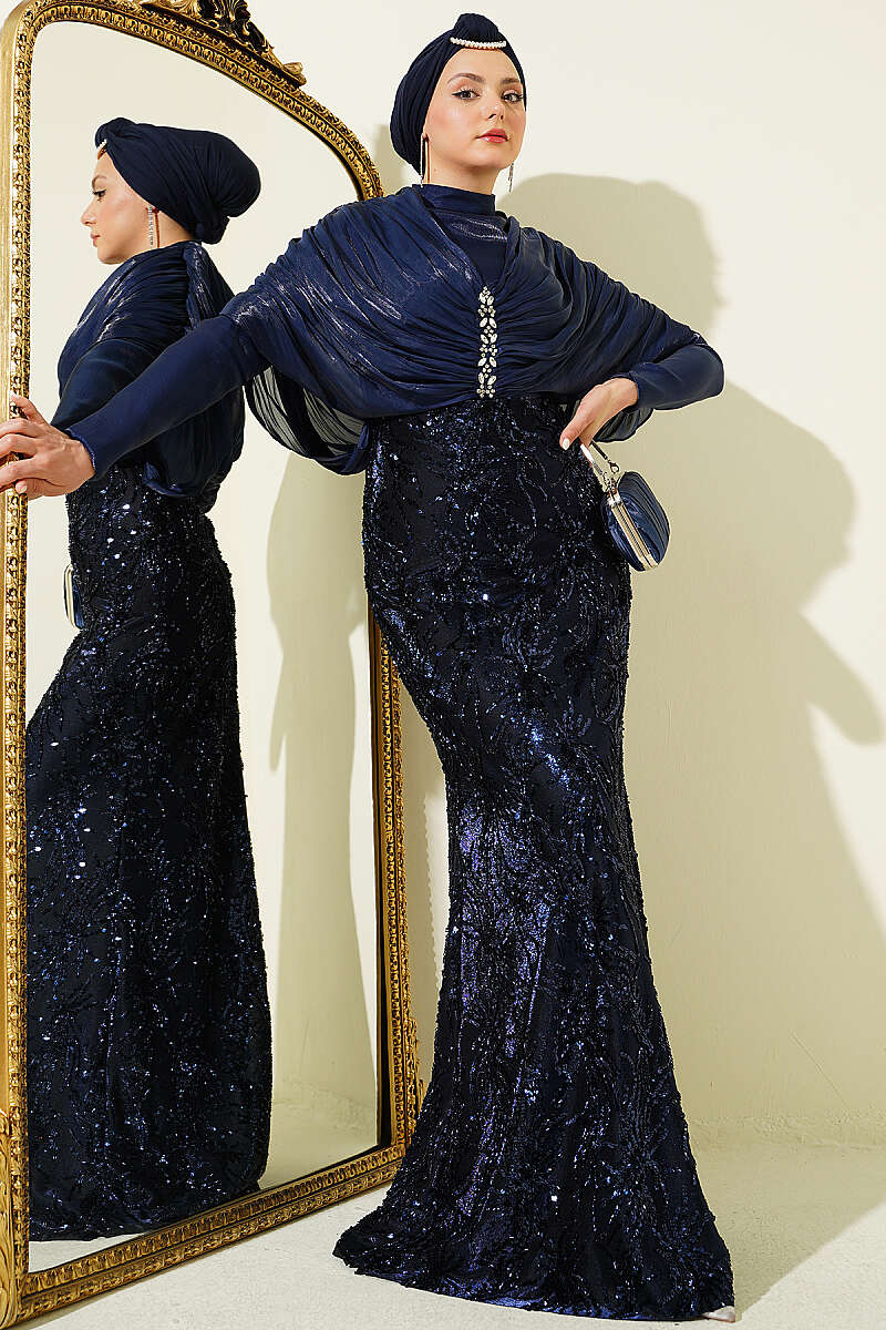Sequin Evening Dress with Gathered Shoulders and Stones - Navy