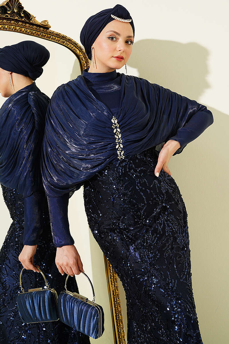 Sequin Evening Dress with Gathered Shoulders and Stones - Navy