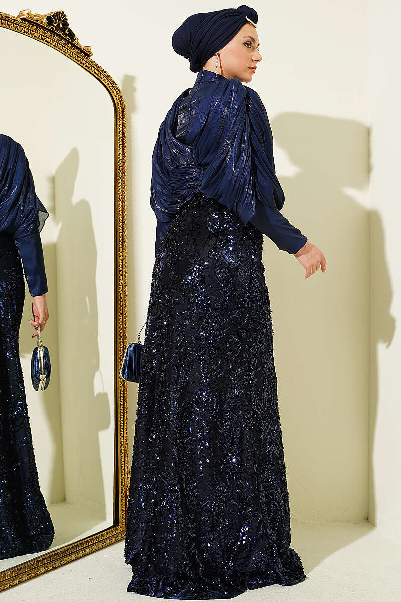 Sequin Evening Dress with Gathered Shoulders and Stones - Navy