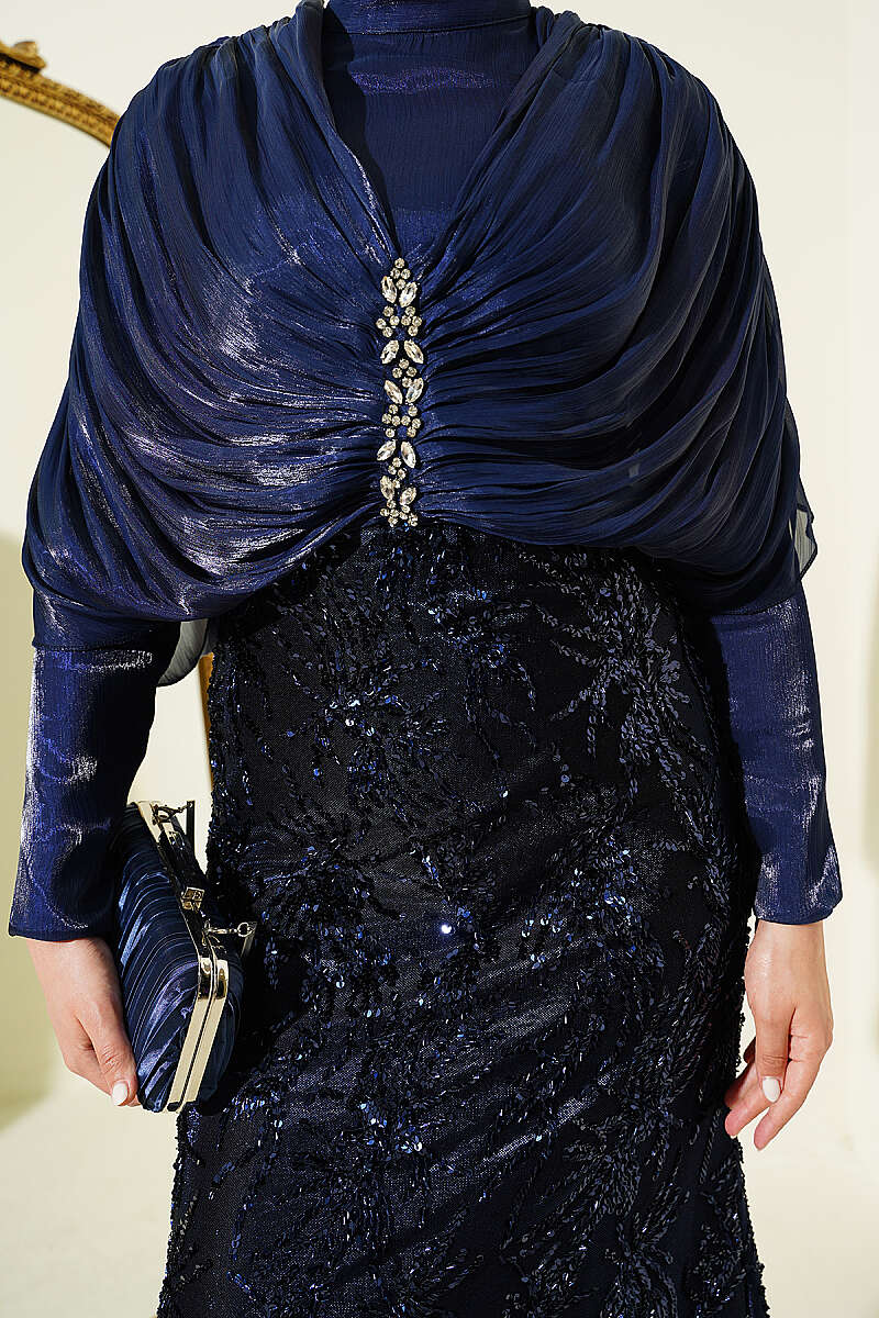 Sequin Evening Dress with Gathered Shoulders and Stones - Navy