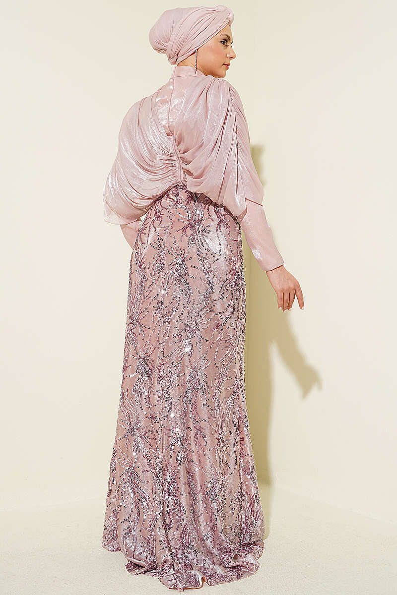 Sequin Evening Dress with Gathered Shoulders and Stones - Powder