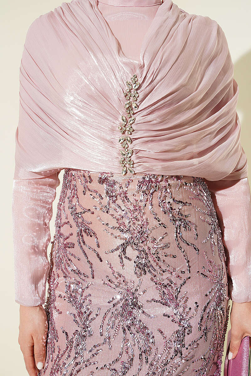 Sequin Evening Dress with Gathered Shoulders and Stones - Powder
