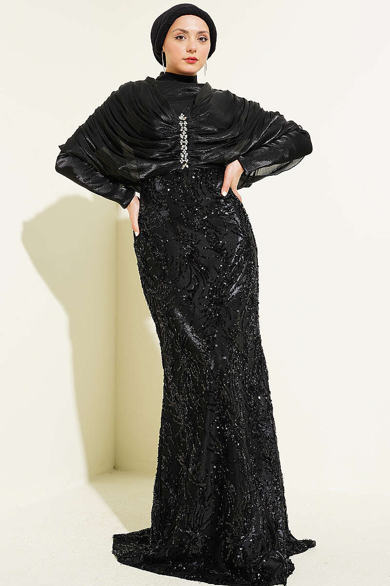 Sequin Evening Dress with Gathered Shoulders and Stones - Black