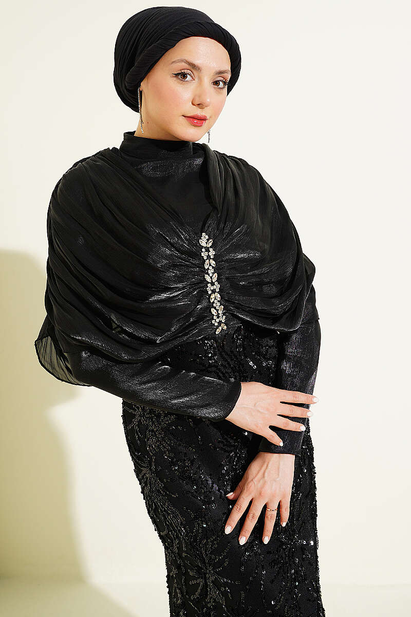 Sequin Evening Dress with Gathered Shoulders and Stones - Black