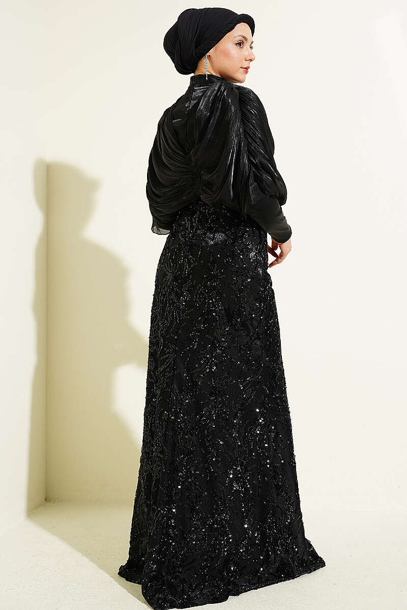 Sequin Evening Dress with Gathered Shoulders and Stones - Black