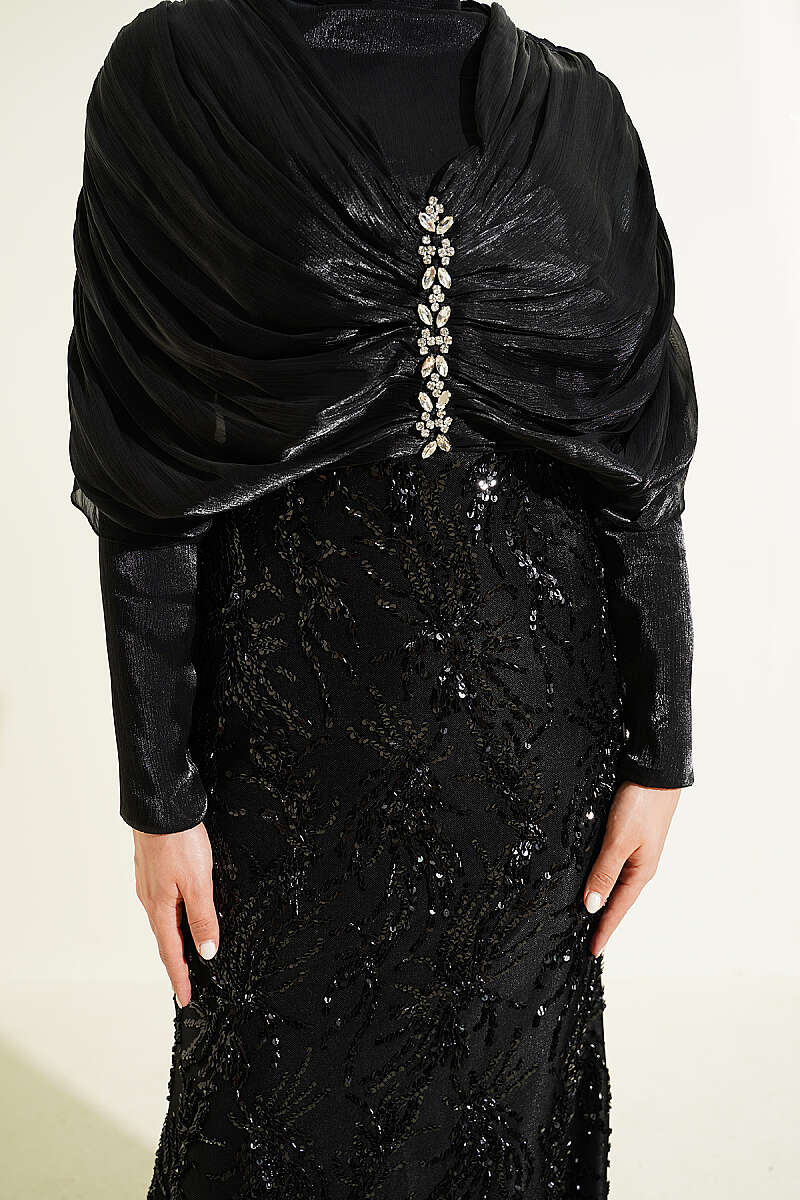 Sequin Evening Dress with Gathered Shoulders and Stones - Black