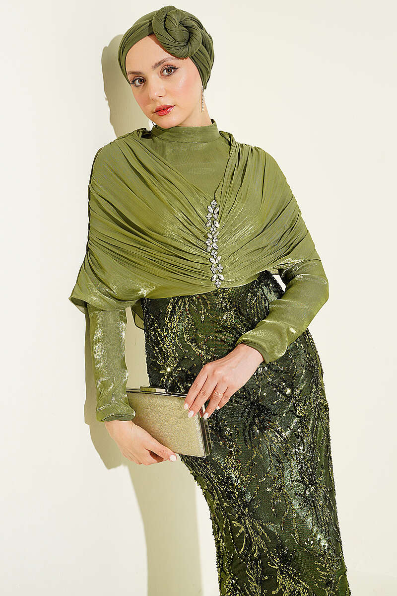 Sequin Evening Dress with Gathered Shoulders and Stones - Olive