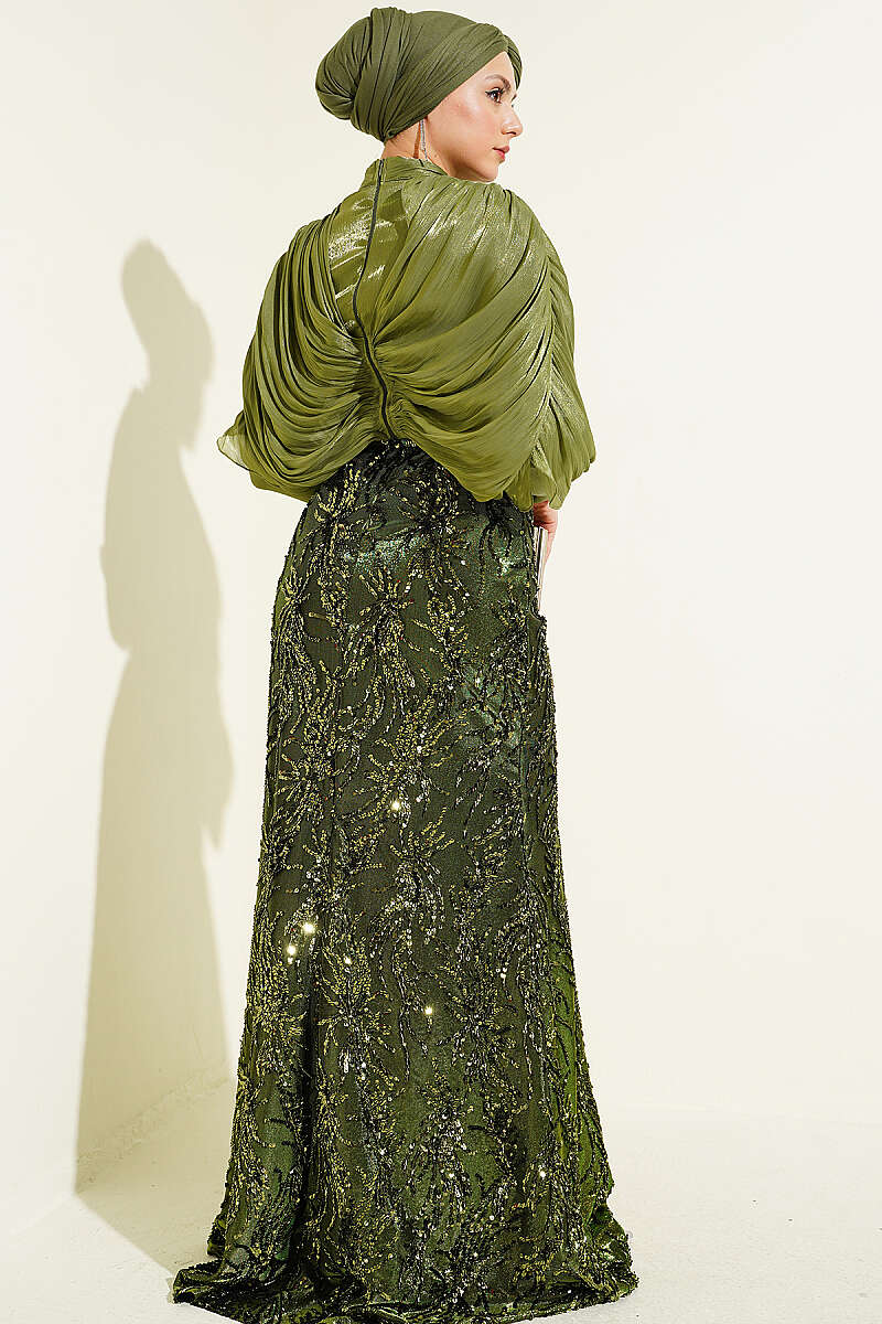 Sequin Evening Dress with Gathered Shoulders and Stones - Olive