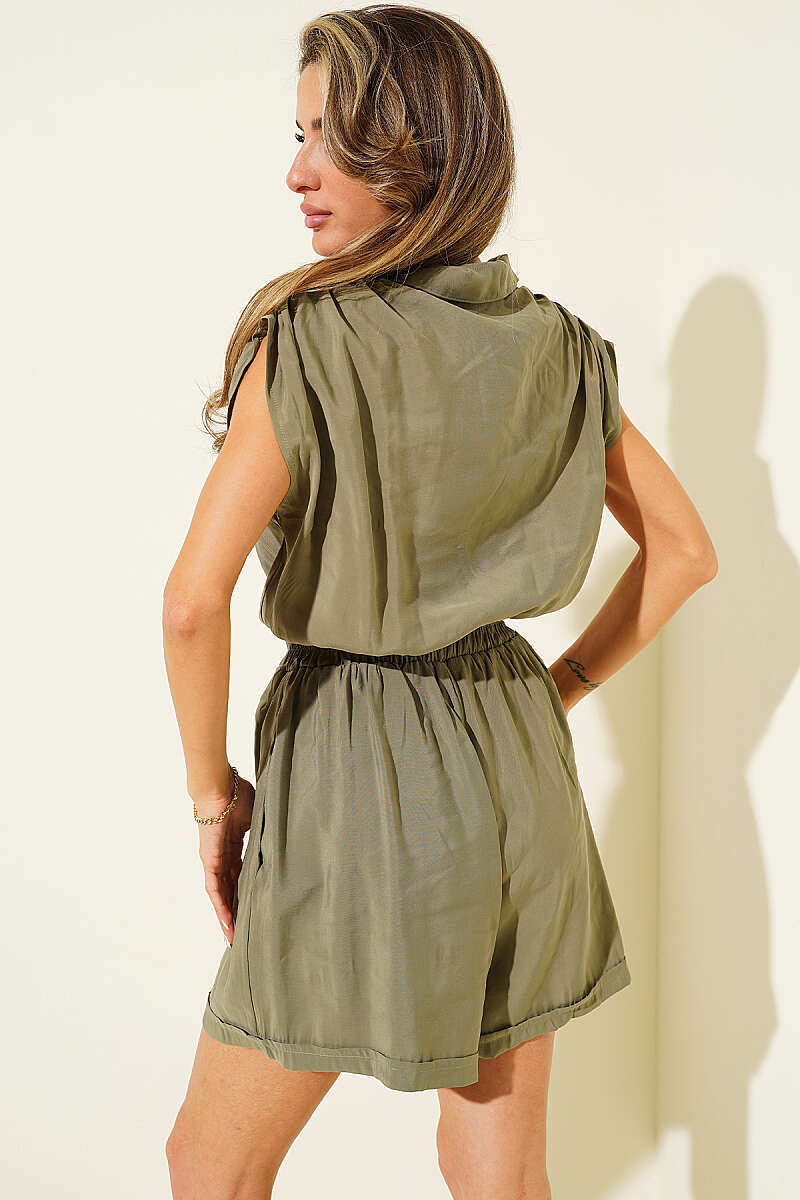 Jumpsuit with Ruched Shoulders - Khaki