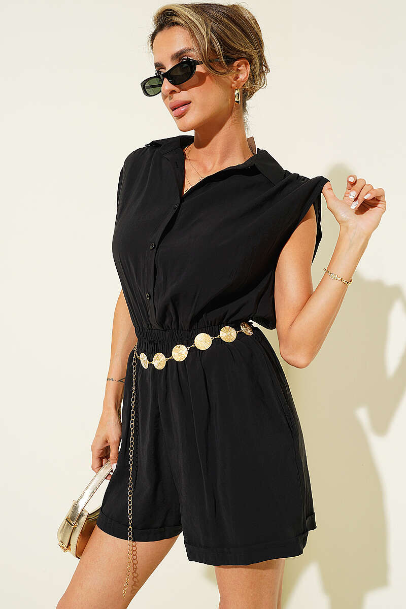 Jumpsuit with Ruched Shoulders - Black