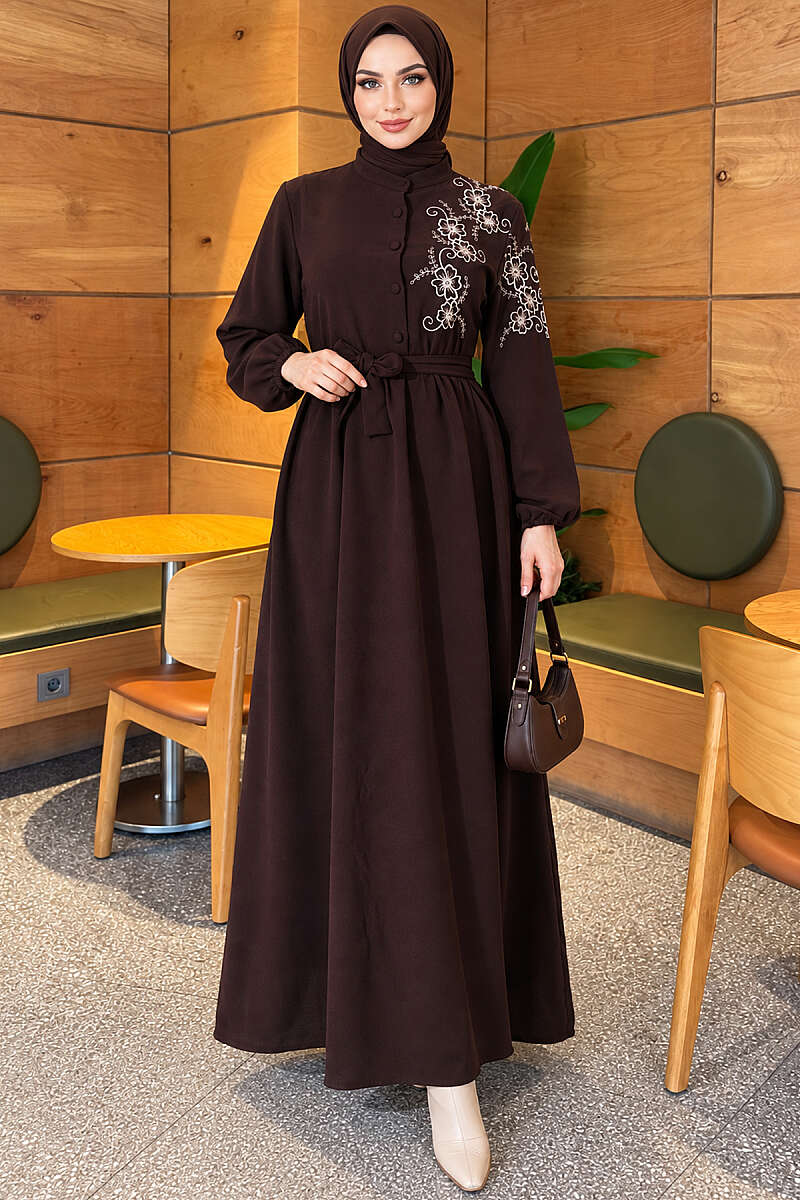 Button Dress with Floral Embroidered Shoulders - Dark Brown