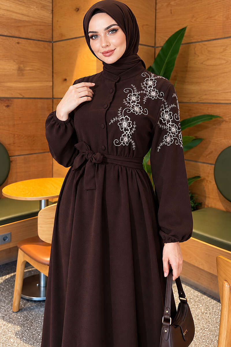 Button Dress with Floral Embroidered Shoulders - Dark Brown