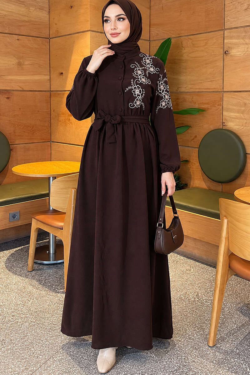 Button Dress with Floral Embroidered Shoulders - Dark Brown