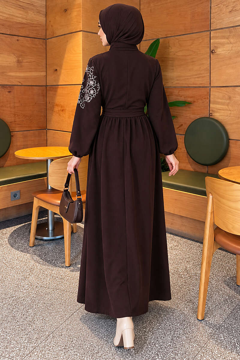 Button Dress with Floral Embroidered Shoulders - Dark Brown