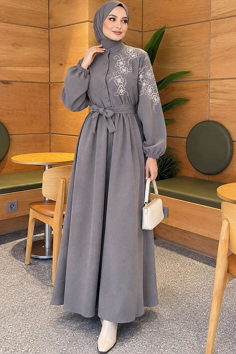 Button Dress with Floral Embroidered Shoulders - Grey