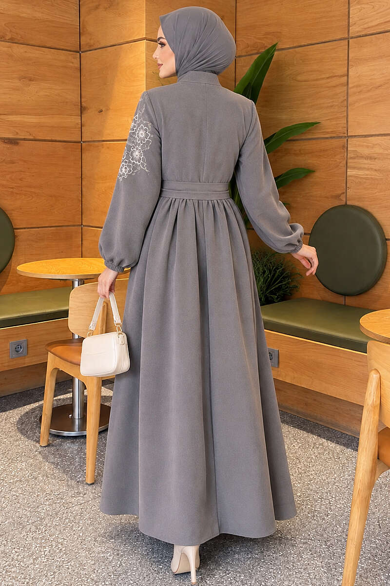 Button Dress with Floral Embroidered Shoulders - Grey