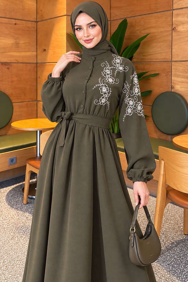 Button Dress with Floral Embroidered Shoulders - Khaki
