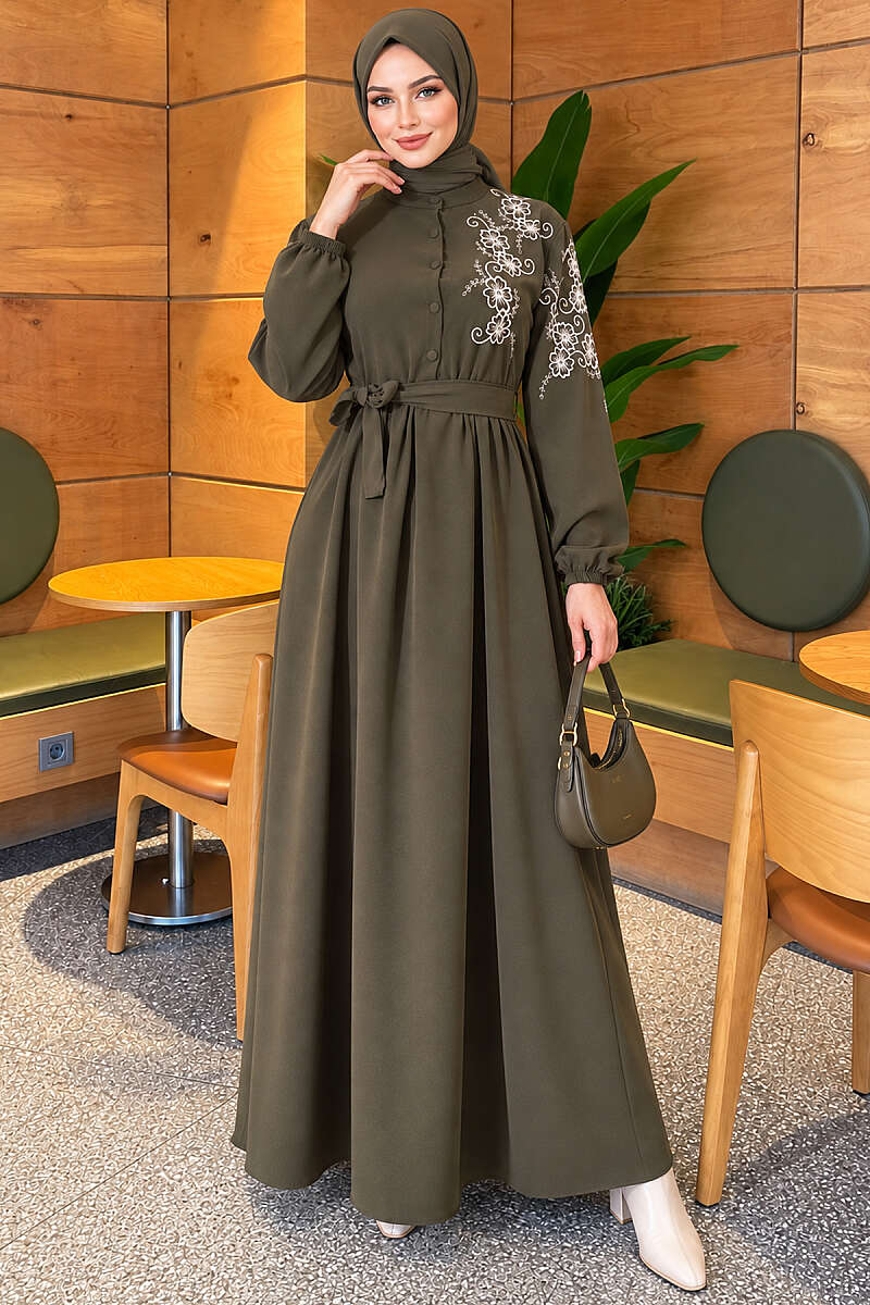 Button Dress with Floral Embroidered Shoulders - Khaki