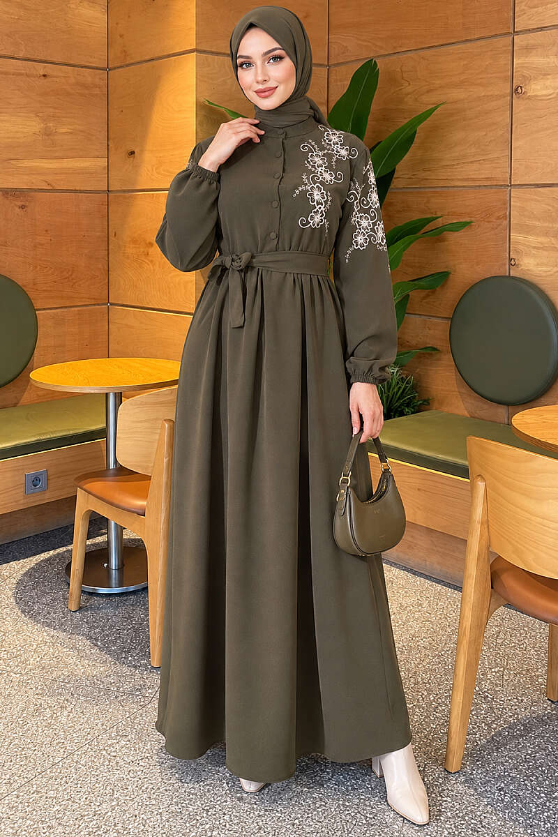 Button Dress with Floral Embroidered Shoulders - Khaki