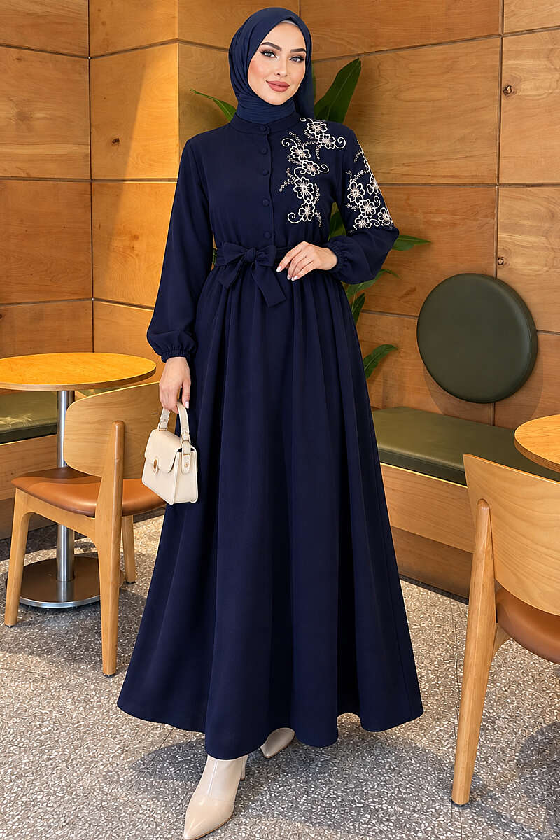Button Dress with Floral Embroidered Shoulders - Navy