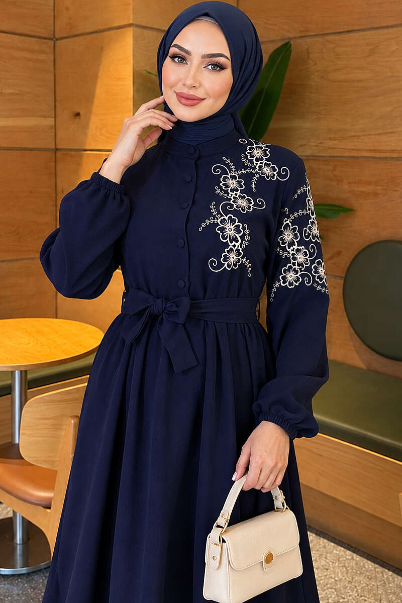 Button Dress with Floral Embroidered Shoulders - Navy