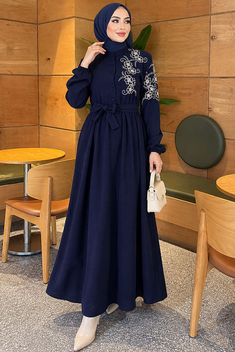 Button Dress with Floral Embroidered Shoulders - Navy