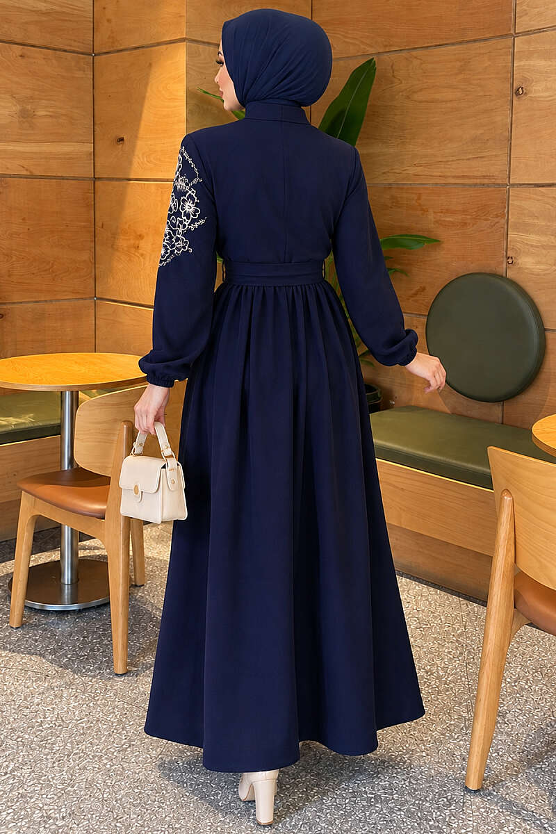Button Dress with Floral Embroidered Shoulders - Navy