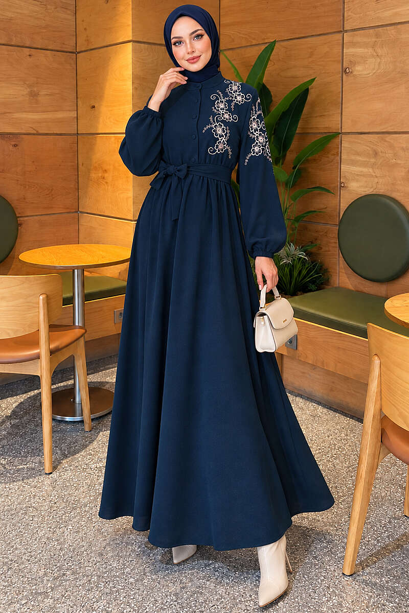 Button Dress with Floral Embroidered Shoulders - Teal