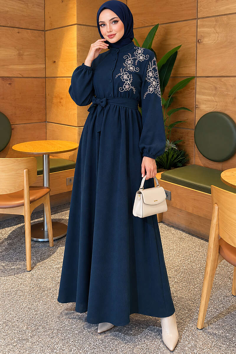 Button Dress with Floral Embroidered Shoulders - Teal