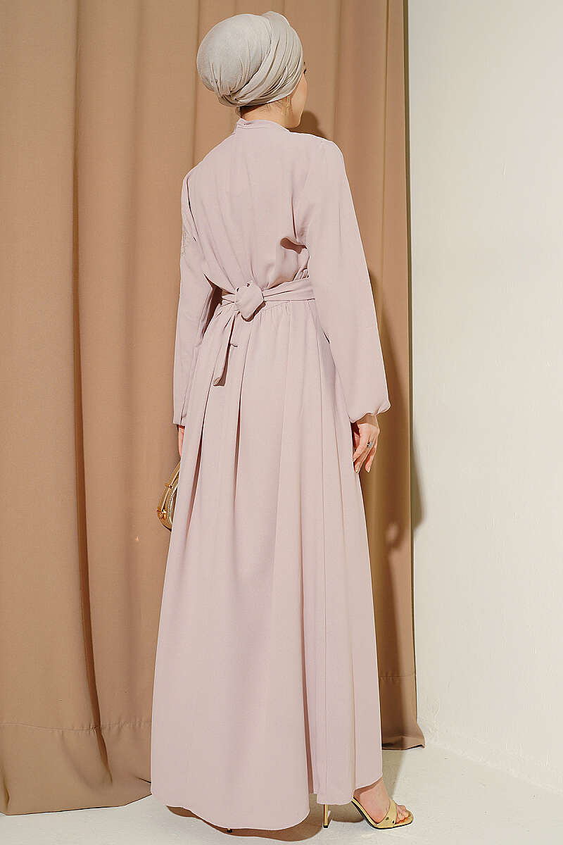 Button Dress with Floral Embroidered Shoulders - Powder