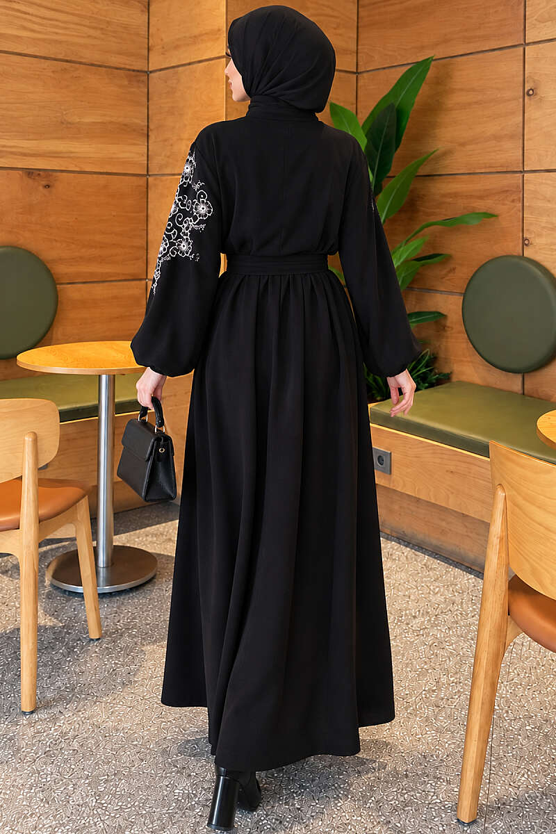 Button Dress with Floral Embroidered Shoulders - Black