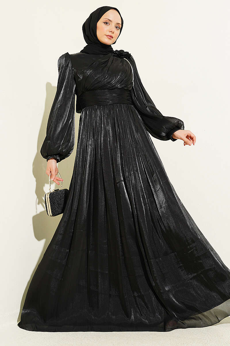 Evening Dress with Floral Shoulder and Stones - Black
