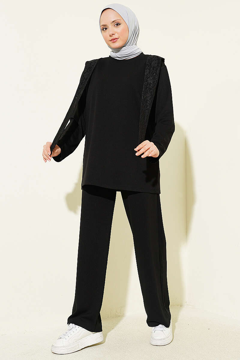 Loycha Two-Piece Set with Lace Shoulder Scarf - Black