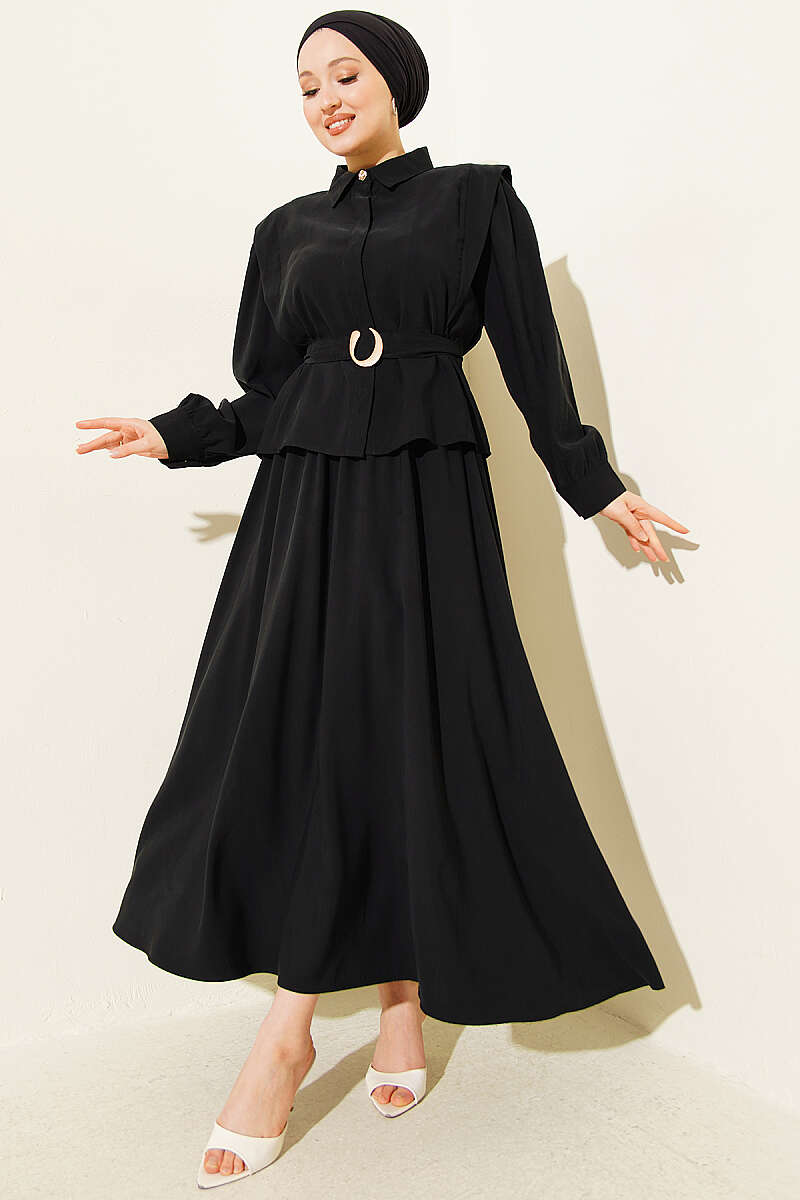 Belted Skirt Set with Shoulder Detail - Black