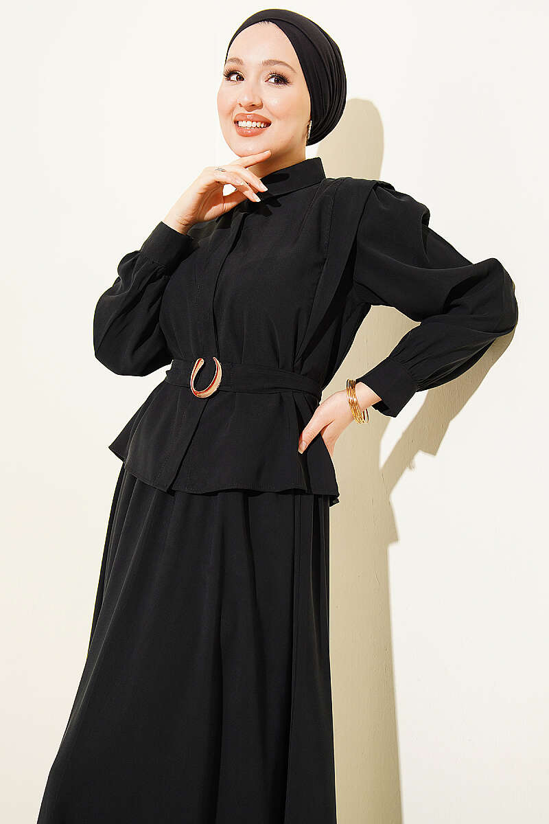 Belted Skirt Set with Shoulder Detail - Black